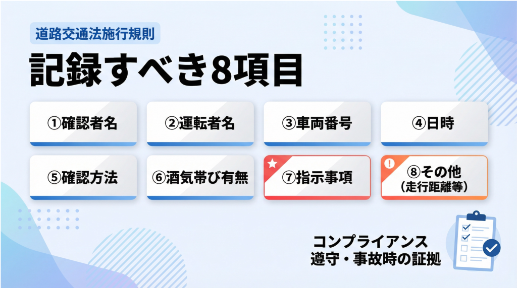 アルコールチェックじに記録すべき必須8項目