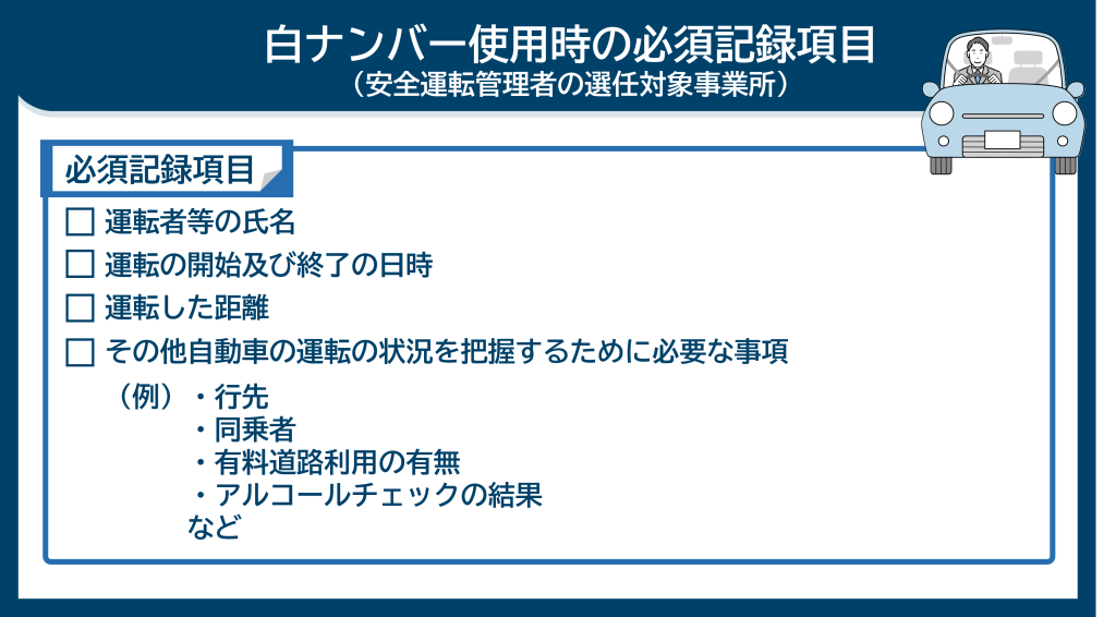 白ナンバー車使用時の運転日報必須記録項目をまとめた画像