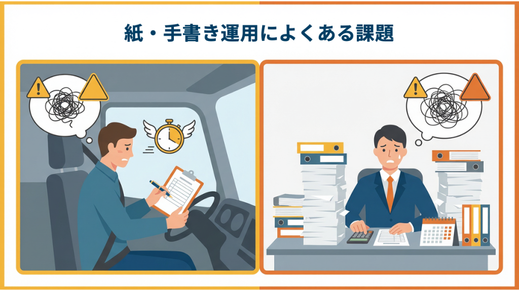 運転日報に紙・手書き運用のデメリットや課題を想起させる画像