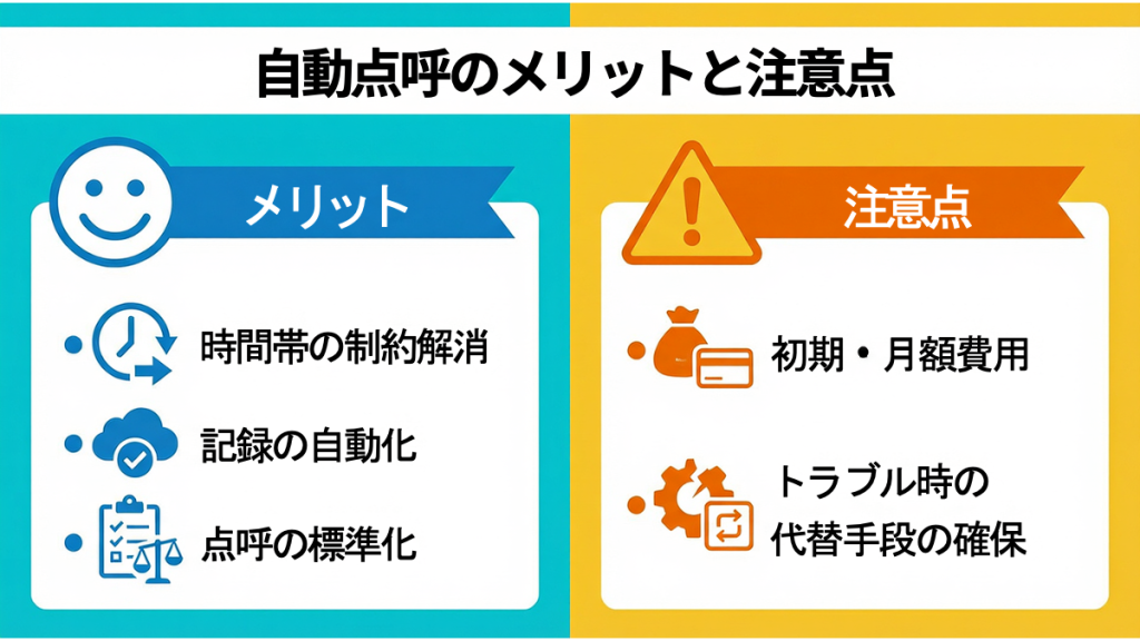 自動点呼のメリットとデメリットを比較する画像