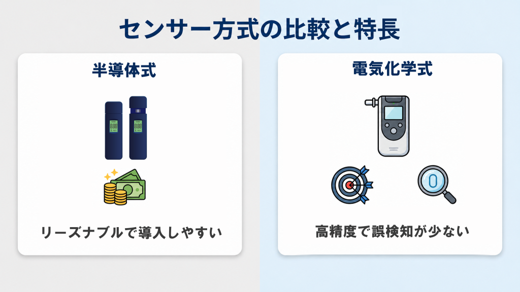 アルコール検知器のセンサー方式の違いと特徴を比較した画像