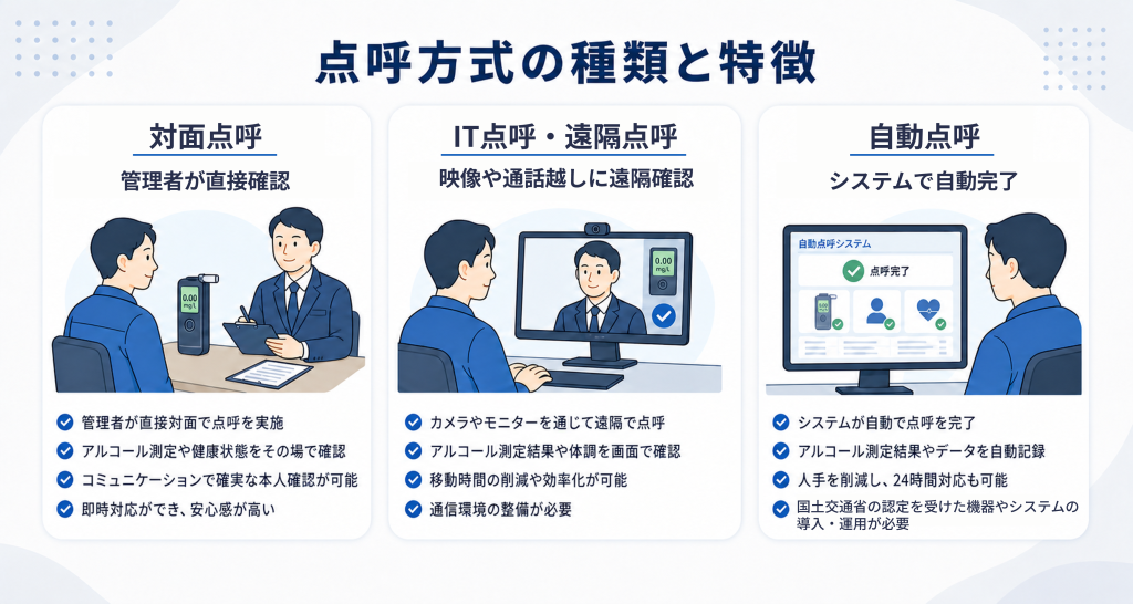 点呼方式の種類とそれぞれの特徴を整理した画像