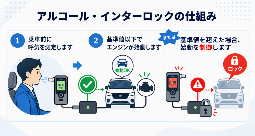 アルコール・インターロックの仕組みの概要を説明する画像