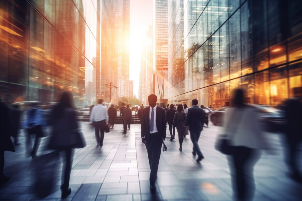 オフィス街を多くの人が行きかっている様子を表す画像